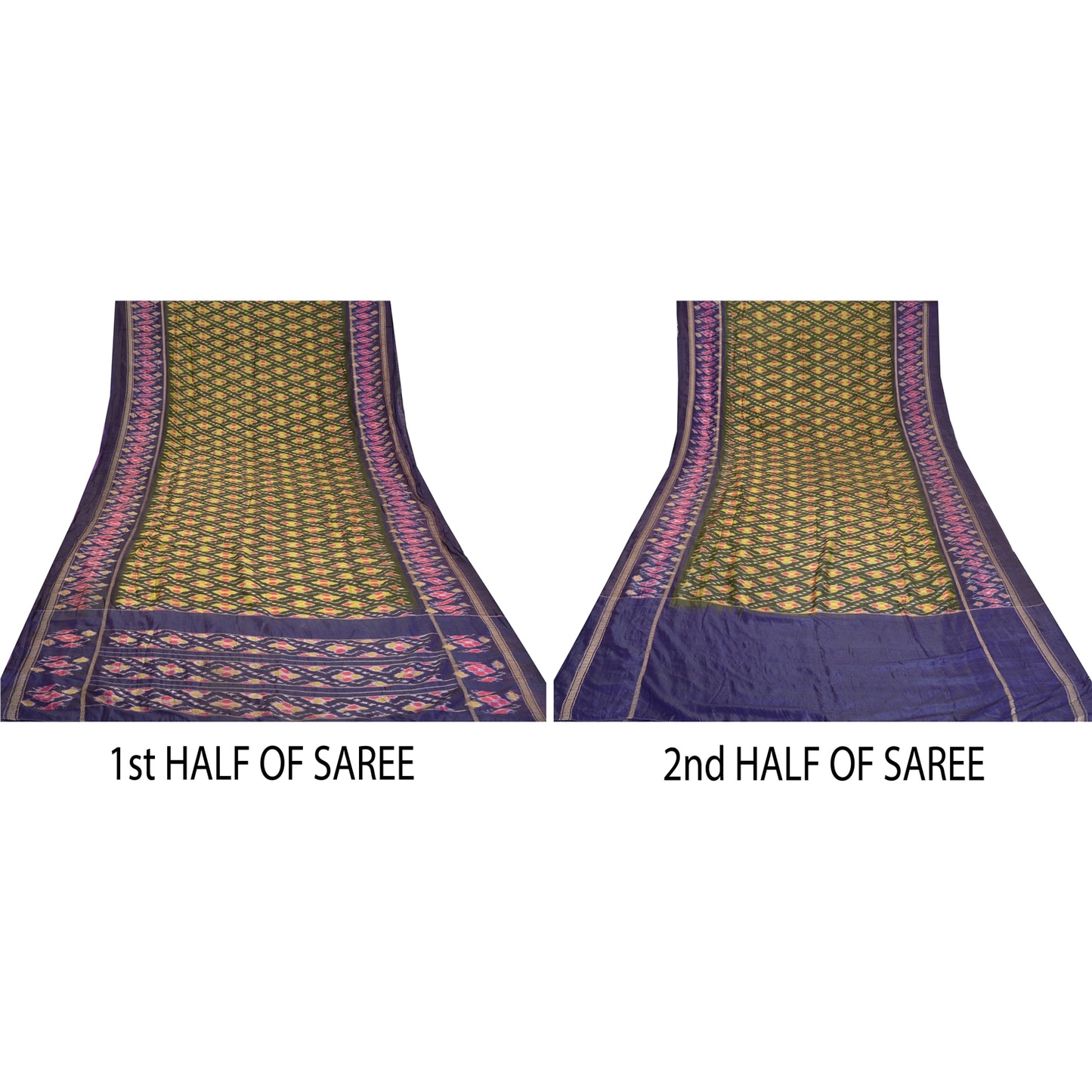 Sanskriti Vintage Saree Green & Purple 5 yard Craft Fabric Sambhalpuri Hand Woven Ikat Saree 100% Pure Silk Sari Quilting For DIY Project