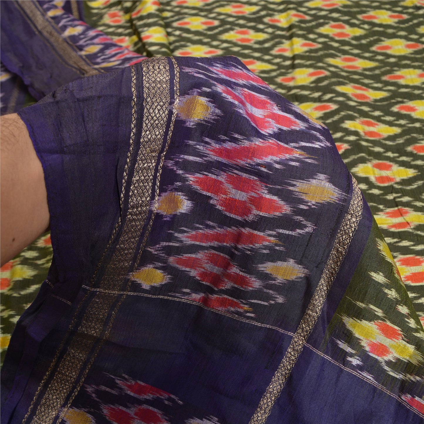 Sanskriti Vintage Saree Green & Purple 5 yard Craft Fabric Sambhalpuri Hand Woven Ikat Saree 100% Pure Silk Sari Quilting For DIY Project