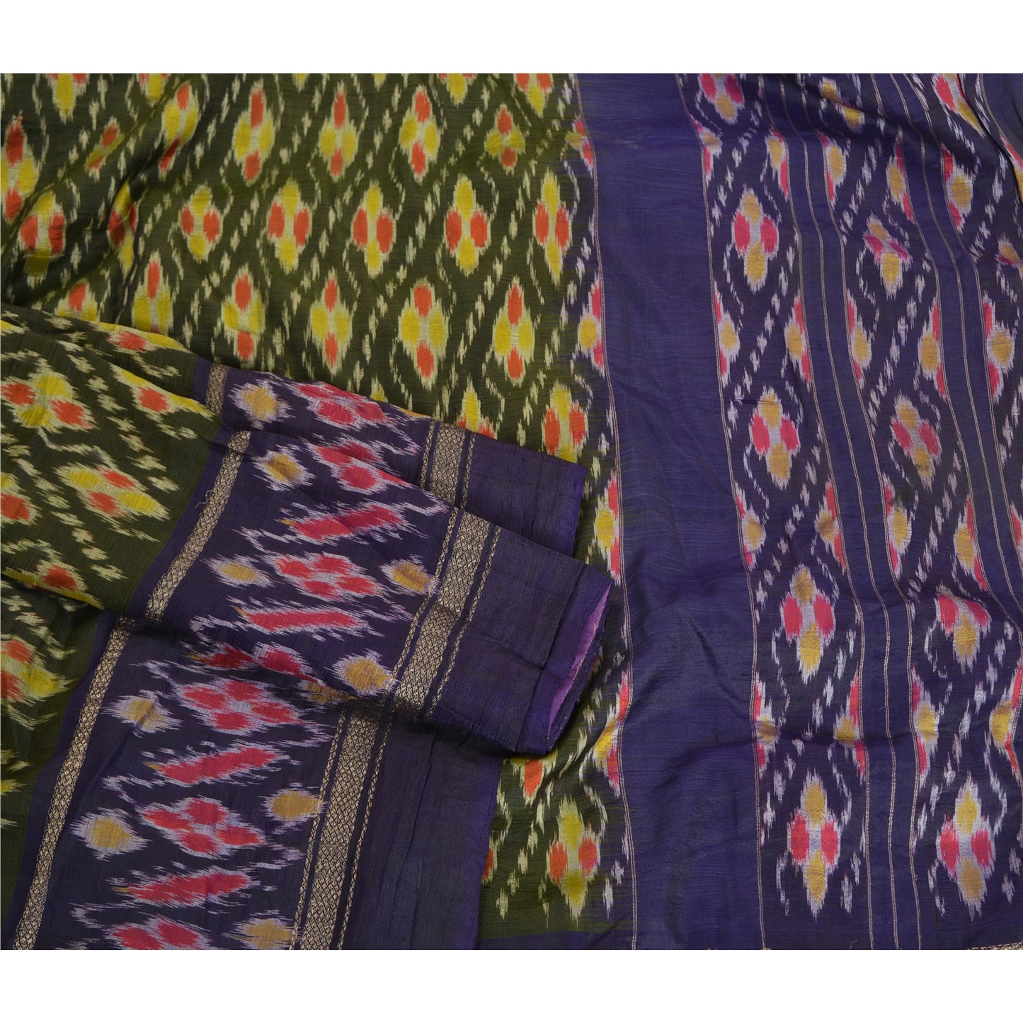 Sanskriti Vintage Saree Green & Purple 5 yard Craft Fabric Sambhalpuri Hand Woven Ikat Saree 100% Pure Silk Sari Quilting For DIY Project