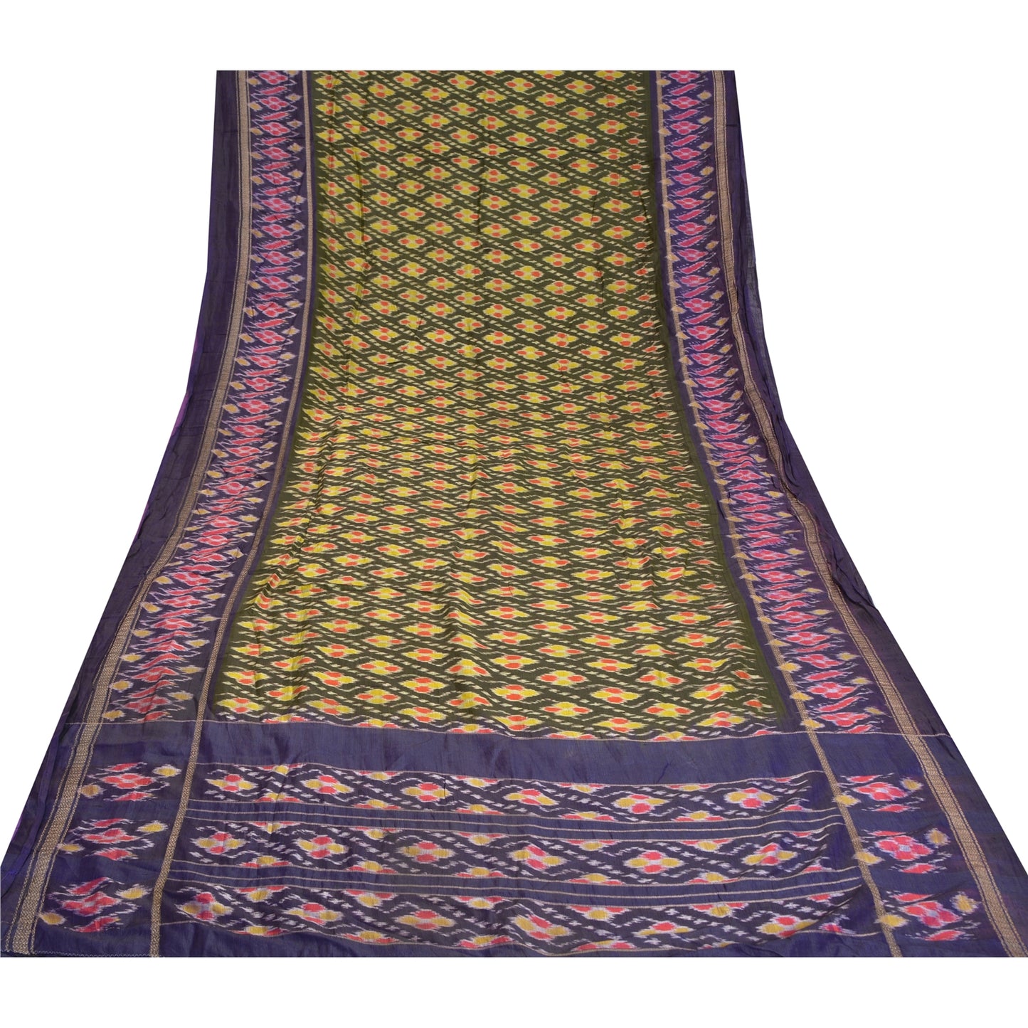 Sanskriti Vintage Saree Green & Purple 5 yard Craft Fabric Sambhalpuri Hand Woven Ikat Saree 100% Pure Silk Sari Quilting For DIY Project