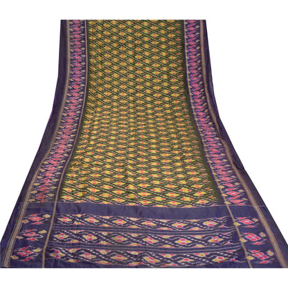 Sanskriti Vintage Saree Green & Purple 5 yard Craft Fabric Sambhalpuri Hand Woven Ikat Saree 100% Pure Silk Sari Quilting For DIY Project
