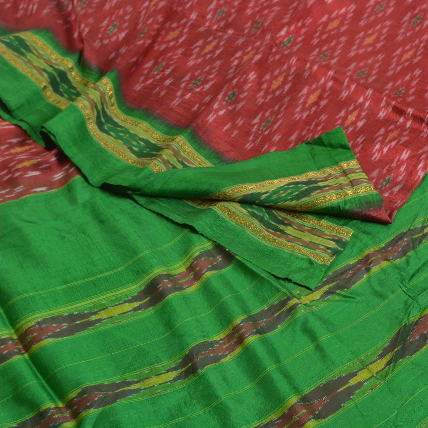 Sanskriti Vintage Red Sambhalpuri Sarees Pure Silk Hand Ikat Woven Sari Fabric