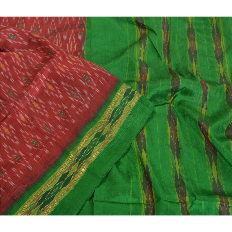 Sanskriti Vintage Saree 100% Pure Silk Dressmeterial Fabric Red & Green Hand Ikat Woven Sambhalpuri Sari 5+Yard Handloom Craft Supplies