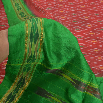 Sanskriti Vintage Red Sambhalpuri Sarees Pure Silk Hand Ikat Woven Sari Fabric