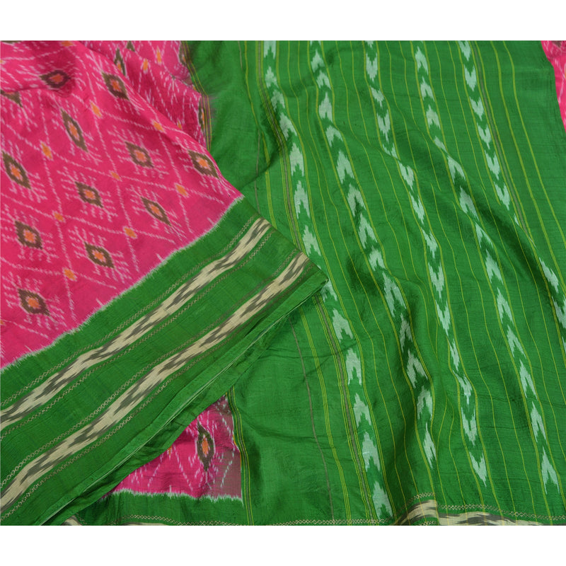 Sanskriti Vintage Sari 100% Pure Silk Pink Sarees Sambhalpuri Hand Ikat Woven 5yd Craft Fabric upholstery fabric
