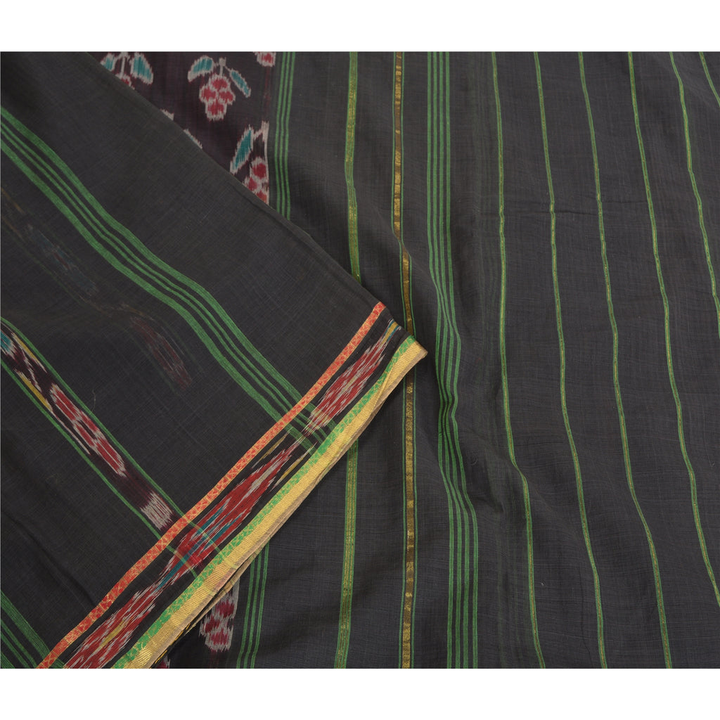 Sanskriti Vintage Saree Black Odisha Hand Woven Ikat Pure Cotton Sari 5yd Fabric