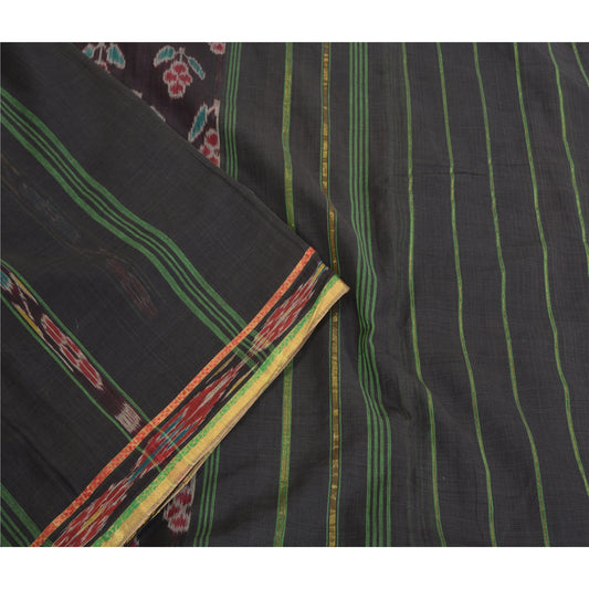 Sanskriti Vintage Saree Black Odisha Hand Woven Ikat Pure Cotton Sari 5yd Fabric
