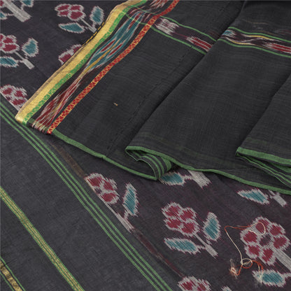 Sanskriti Vintage Saree Black Odisha Hand Woven Ikat Pure Cotton Sari 5yd Fabric