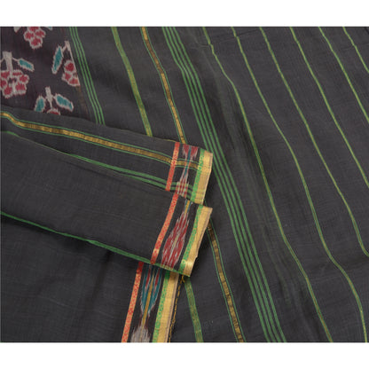 Sanskriti Vintage Saree Black Odisha Hand Woven Ikat Pure Cotton Sari 5yd Fabric