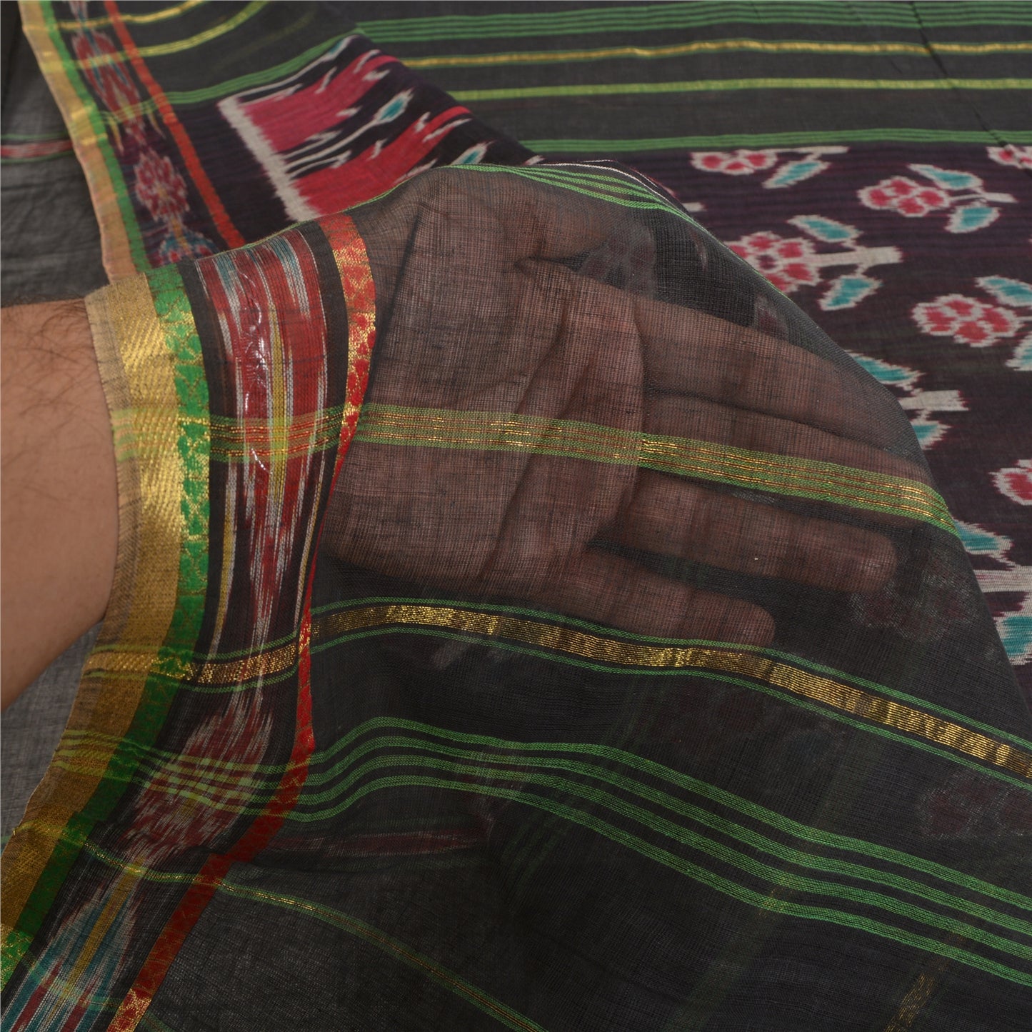 Sanskriti Vintage Saree Black Odisha Hand Woven Ikat Pure Cotton Sari 5yd Fabric