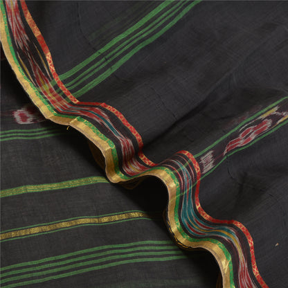 Sanskriti Vintage Saree Black Odisha Hand Woven Ikat Pure Cotton Sari 5yd Fabric