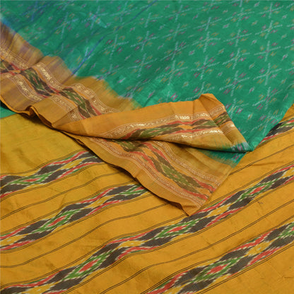 Sanskriti Vintage Green Pochampally  Ikat Sarees Pure Silk Woven Sari 5yd Fabric