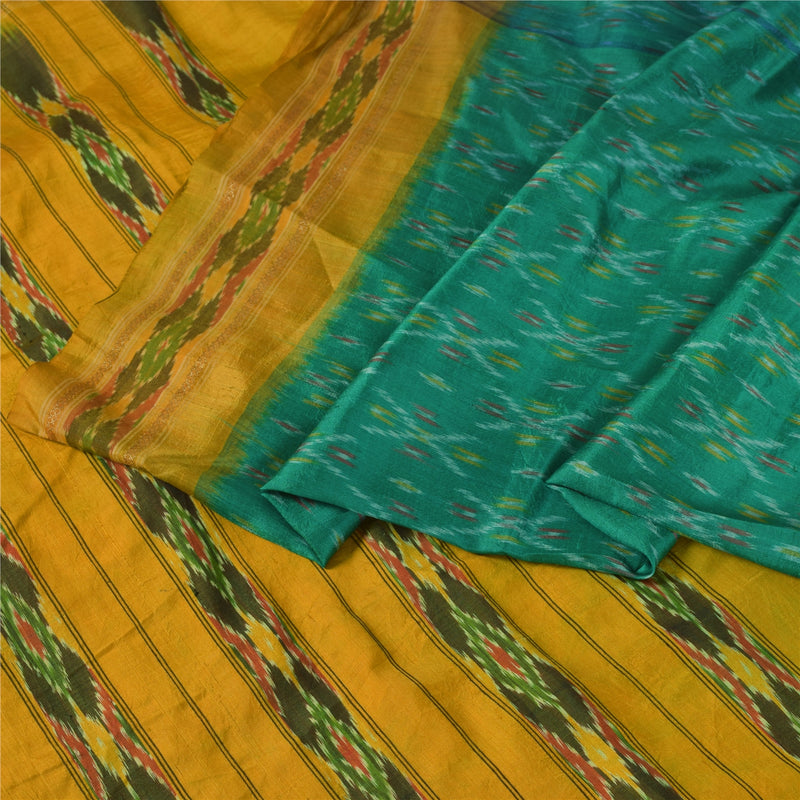 Sanskriti Vintage Saree 100% Pure Silk Green & Yellow Pochampally Ikat Saree Woven Sari 5Yd Craft Fabric upholstery fabric