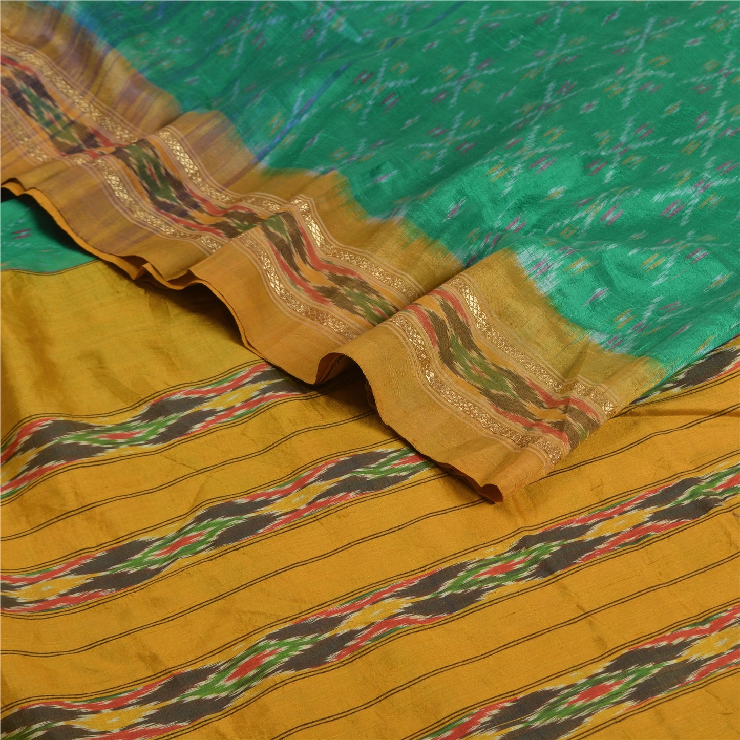 Sanskriti Vintage Green Pochampally  Ikat Sarees Pure Silk Woven Sari 5yd Fabric
