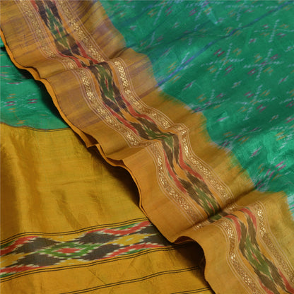 Sanskriti Vintage Green Pochampally  Ikat Sarees Pure Silk Woven Sari 5yd Fabric