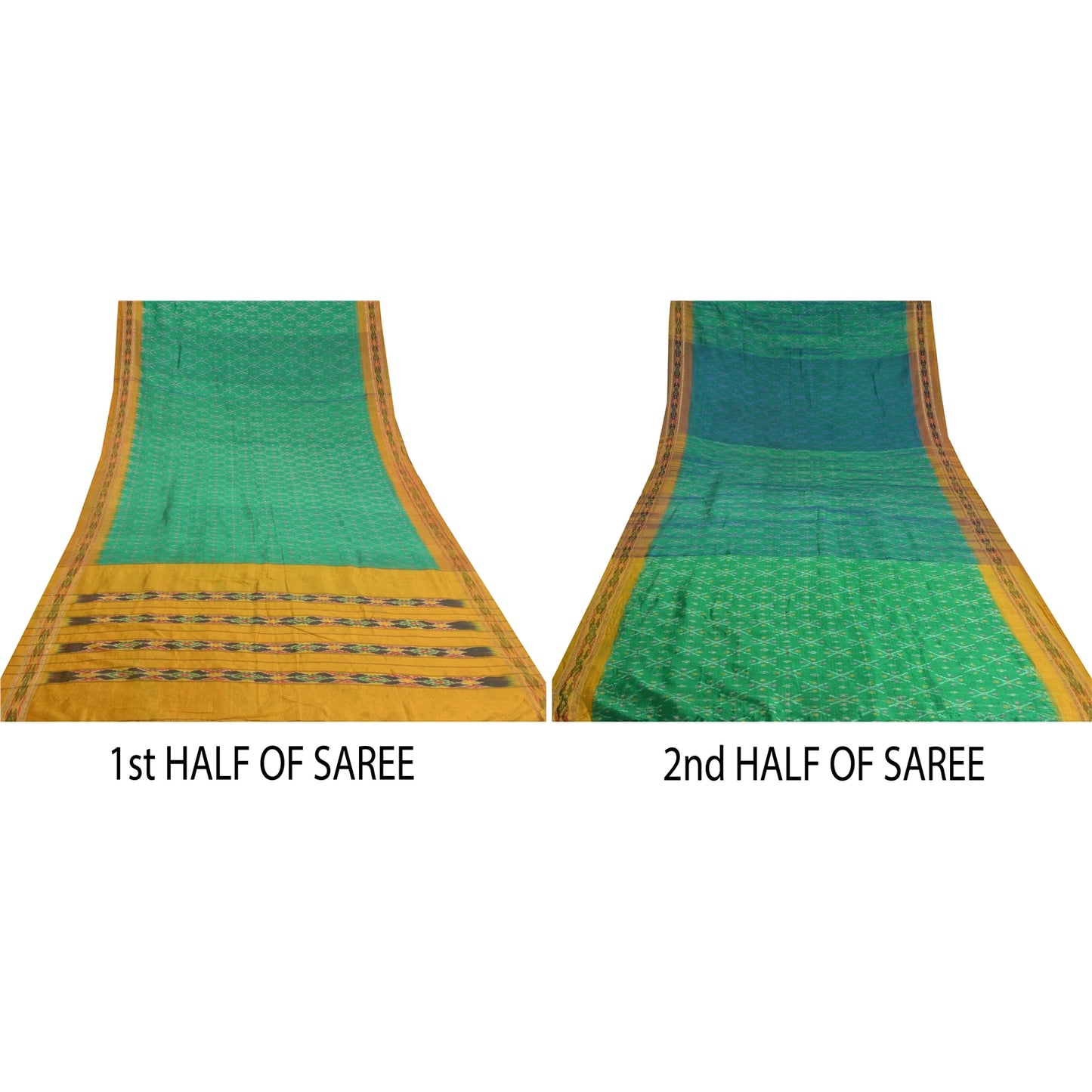 Sanskriti Vintage Green Pochampally  Ikat Sarees Pure Silk Woven Sari 5yd Fabric