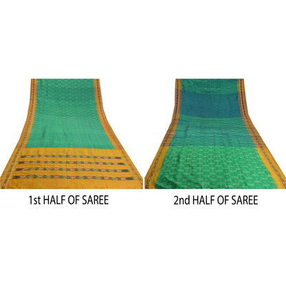 Sanskriti Vintage Green Pochampally  Ikat Sarees Pure Silk Woven Sari 5yd Fabric