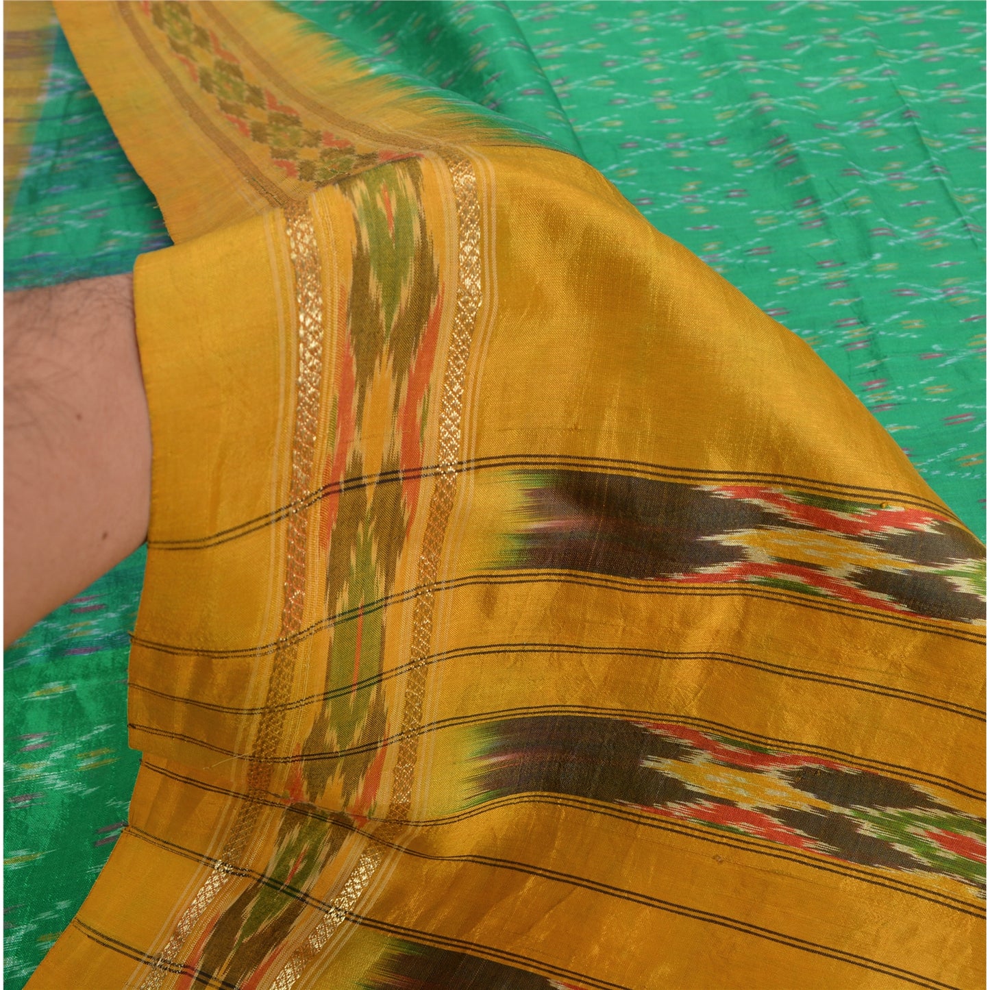 Sanskriti Vintage Green Pochampally  Ikat Sarees Pure Silk Woven Sari 5yd Fabric