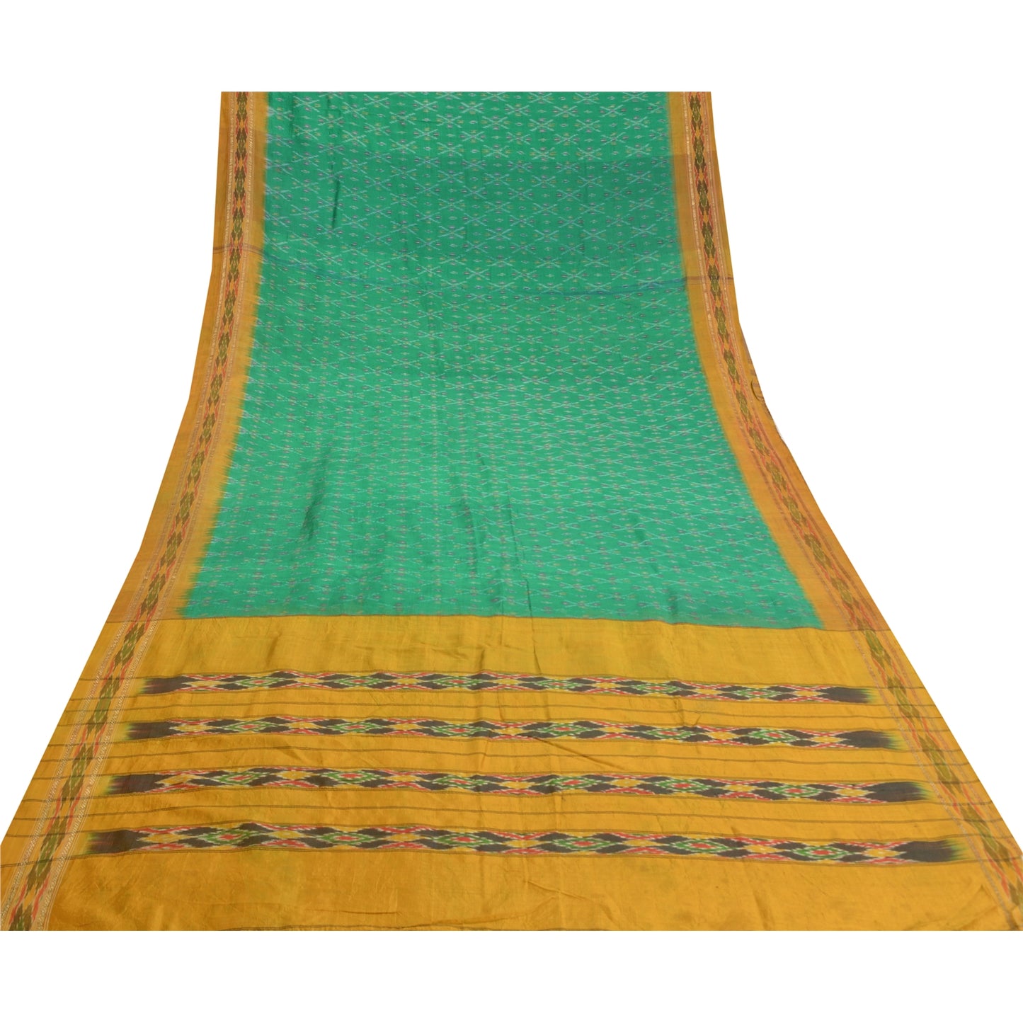 Sanskriti Vintage Green Pochampally  Ikat Sarees Pure Silk Woven Sari 5yd Fabric