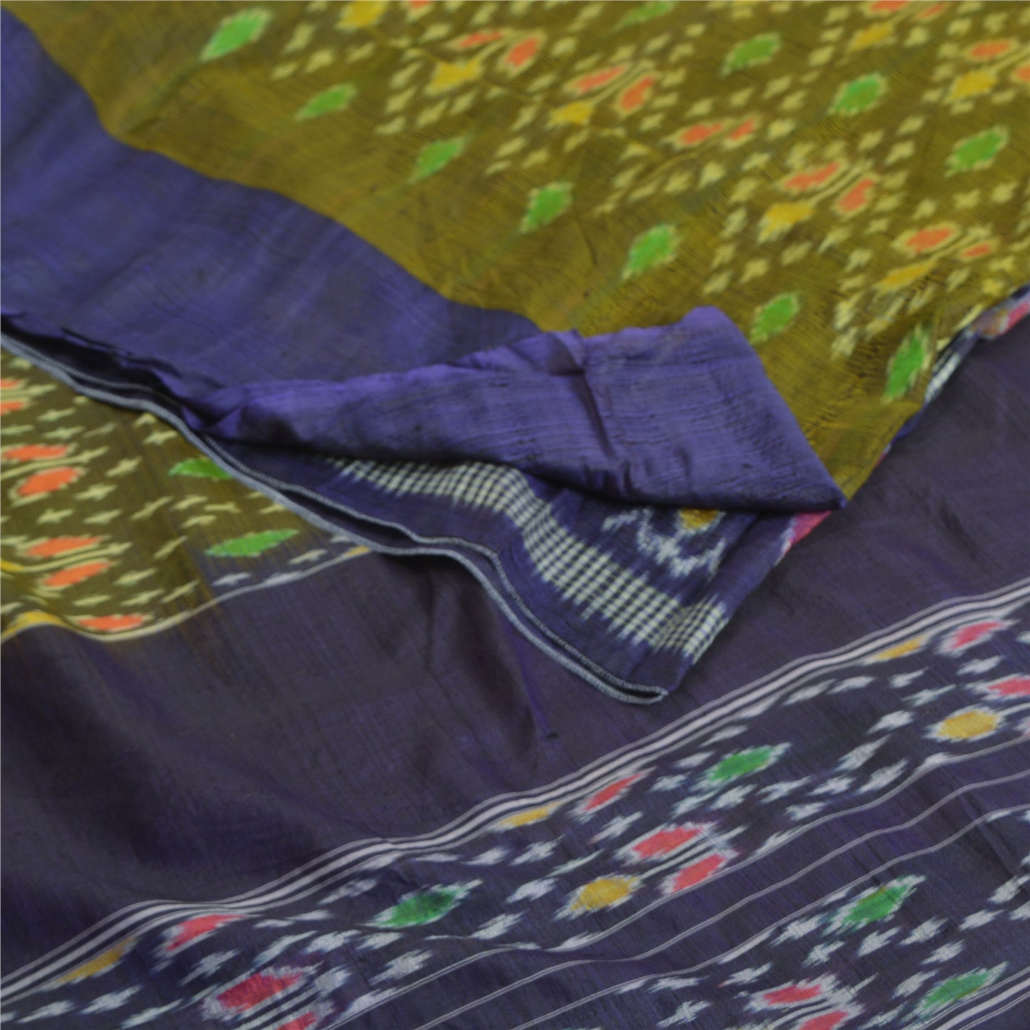 Sanskriti Vintage Saree 100% Pure Silk 5Yd Craft Fabric Saree Green & Blue Odisha Hand Woven Ikat Sari Indian Heritage Textile Supplies