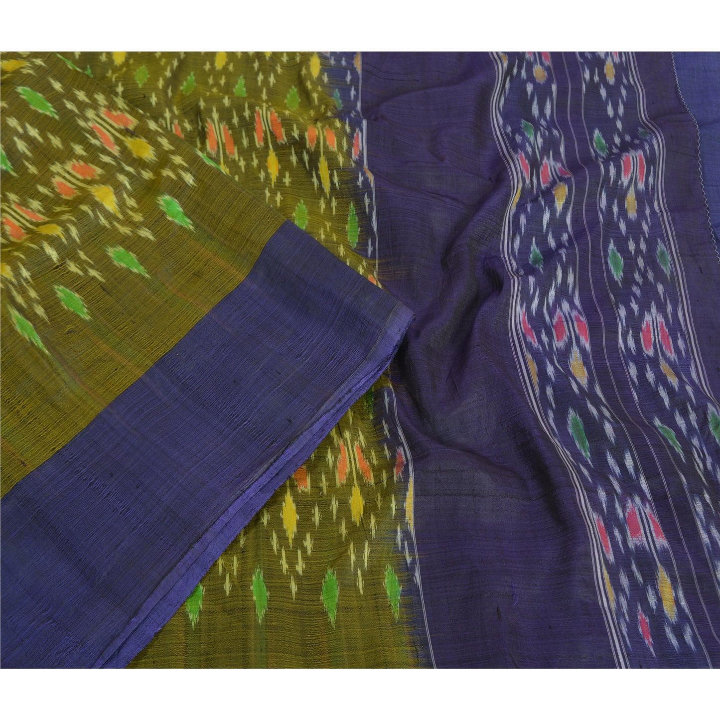 Sanskriti Vintage Saree 100% Pure Silk 5Yd Craft Fabric Saree Green & Blue Odisha Hand Woven Ikat Sari Indian Heritage Textile Supplies