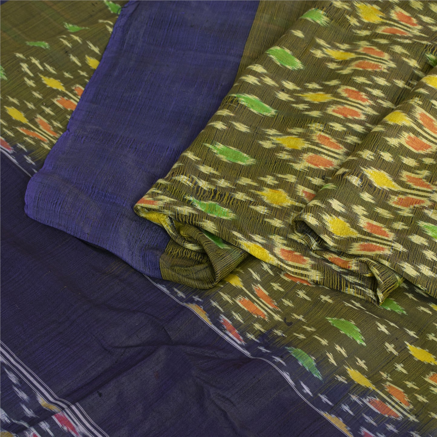 Sanskriti Vintage Saree 100% Pure Silk 5Yd Craft Fabric Saree Green & Blue Odisha Hand Woven Ikat Sari Indian Heritage Textile Supplies