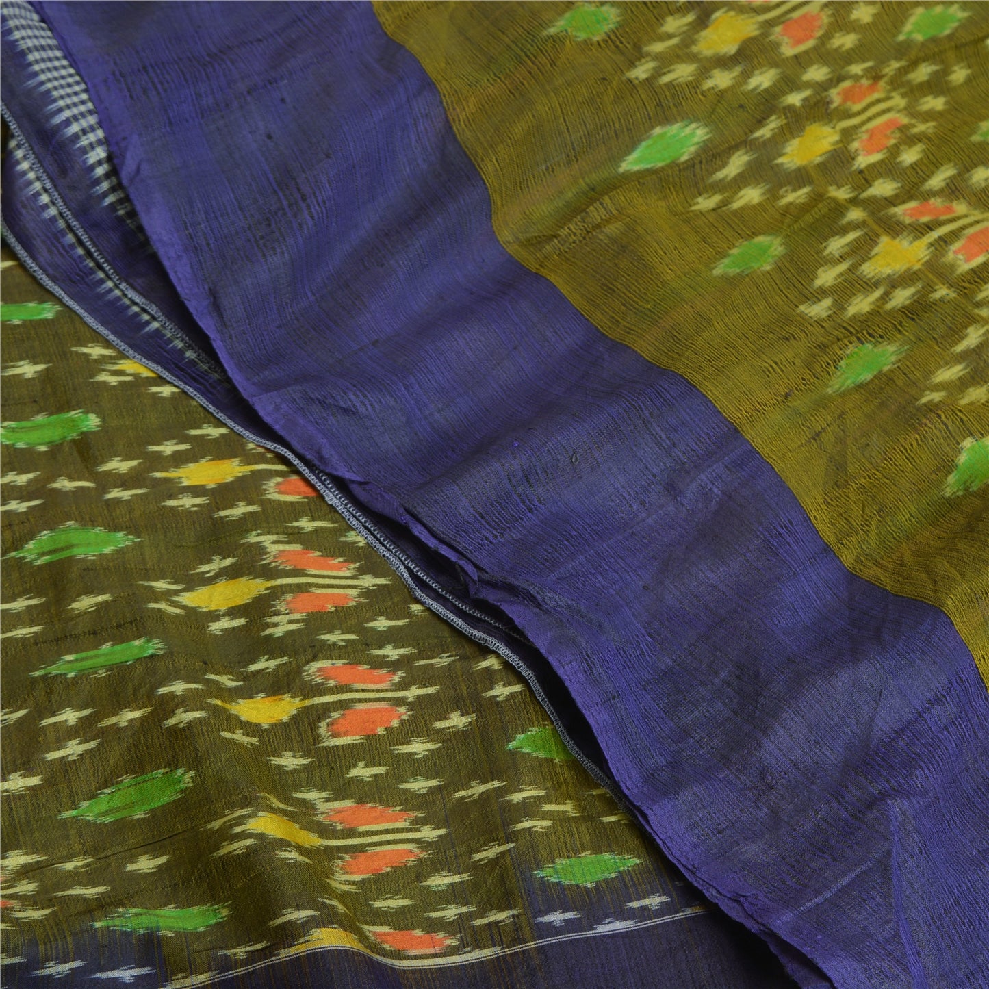 Sanskriti Vintage Saree 100% Pure Silk 5Yd Craft Fabric Saree Green & Blue Odisha Hand Woven Ikat Sari Indian Heritage Textile Supplies