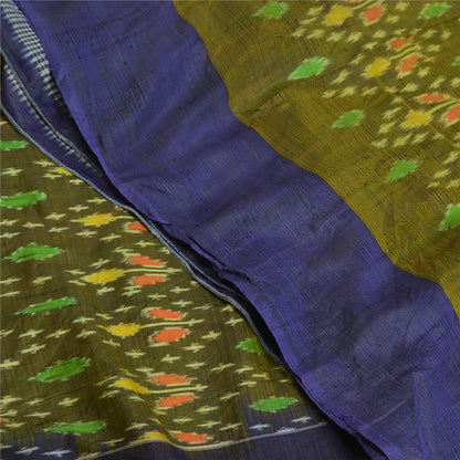 Sanskriti Vintage Saree 100% Pure Silk 5Yd Craft Fabric Saree Green & Blue Odisha Hand Woven Ikat Sari Indian Heritage Textile Supplies