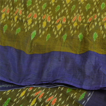 Sanskriti Vintage Saree 100% Pure Silk 5Yd Craft Fabric Saree Green & Blue Odisha Hand Woven Ikat Sari Indian Heritage Textile Supplies