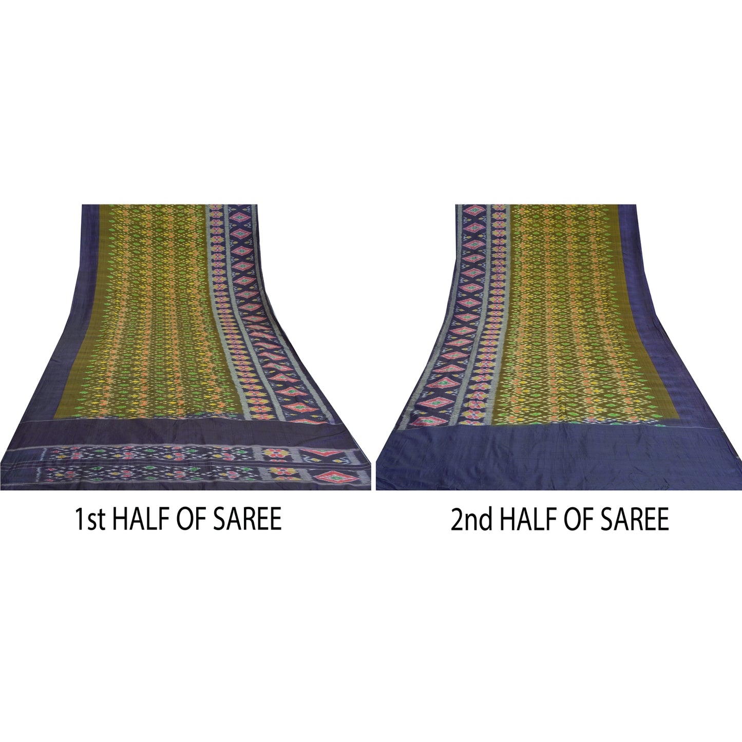 Sanskriti Vintage Saree 100% Pure Silk 5Yd Craft Fabric Saree Green & Blue Odisha Hand Woven Ikat Sari Indian Heritage Textile Supplies
