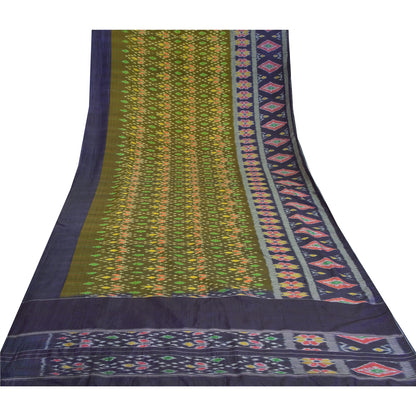 Sanskriti Vintage Saree 100% Pure Silk 5Yd Craft Fabric Saree Green & Blue Odisha Hand Woven Ikat Sari Indian Heritage Textile Supplies