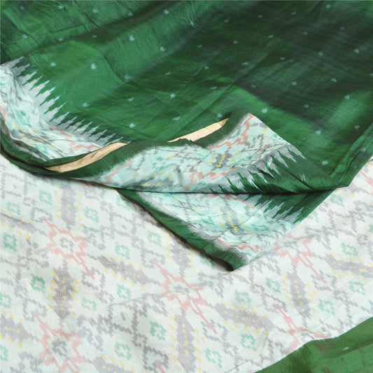 Sanskriti Vintage 100% Pure Silk Sarees Green Ikat Hand Woven Sari Craft Fabric