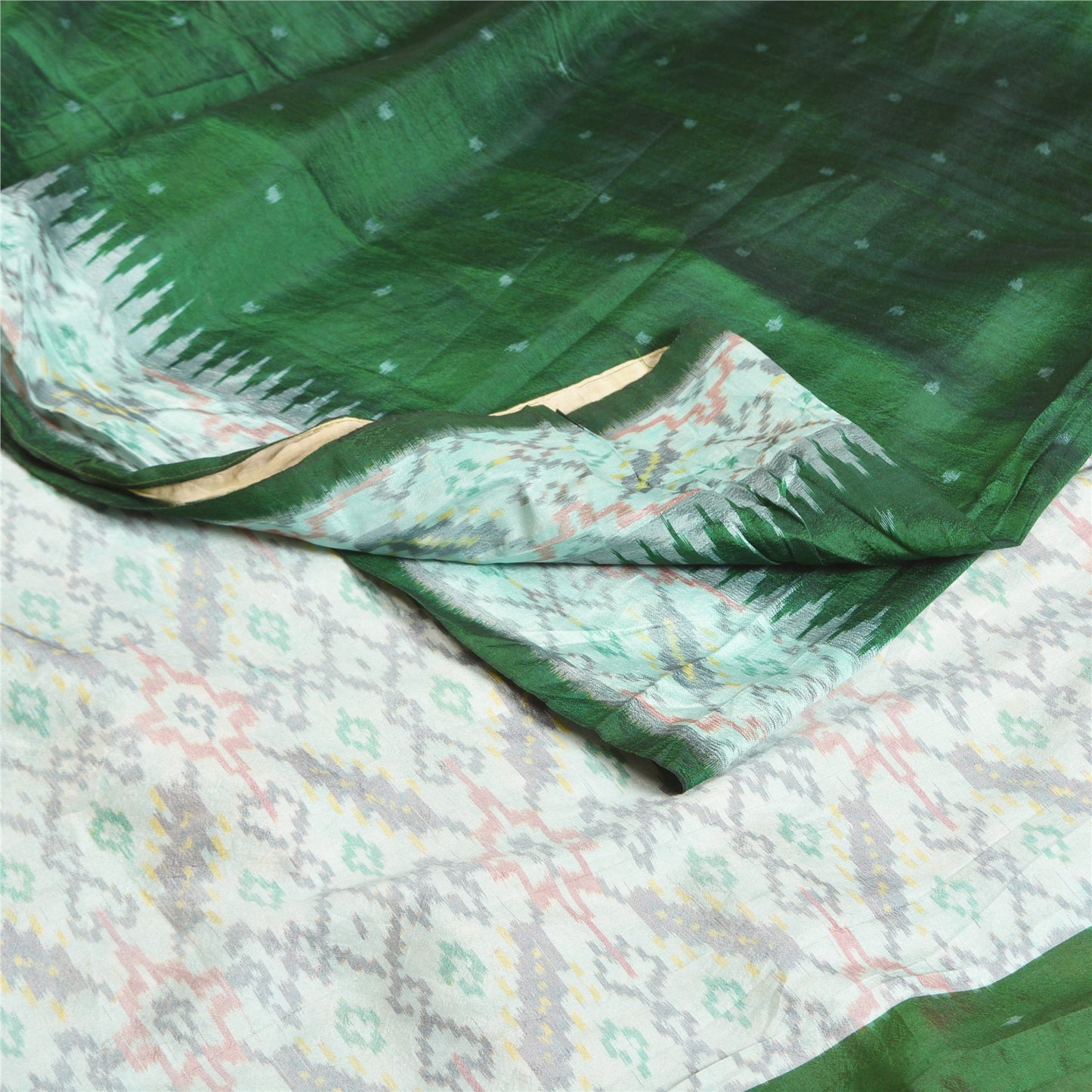 Sanskriti Vintage Green Ikat Pure Silk Sari - Handwoven Indian Craft Fabric 5yd by upholstery fabric