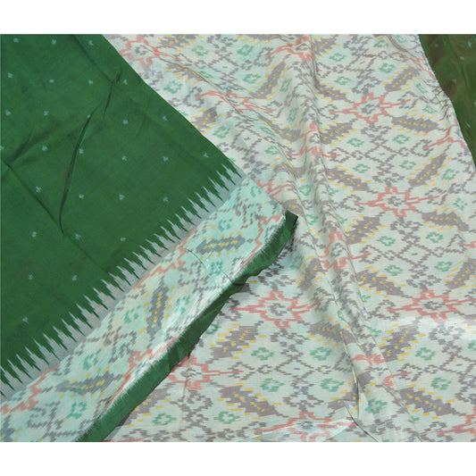 Sanskriti Vintage 100% Pure Silk Sarees Green Ikat Hand Woven Sari Craft Fabric