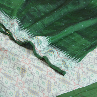 Sanskriti Vintage Green Ikat Pure Silk Sari - Handwoven Indian Craft Fabric 5yd by upholstery fabric
