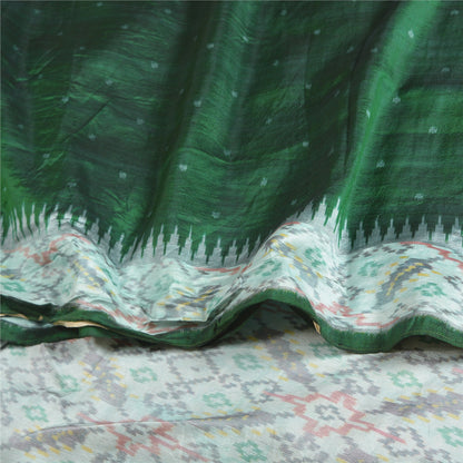 Sanskriti Vintage Green Ikat Pure Silk Sari - Handwoven Indian Craft Fabric 5yd by upholstery fabric