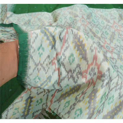 Sanskriti Vintage Green Ikat Pure Silk Sari - Handwoven Indian Craft Fabric 5yd by upholstery fabric