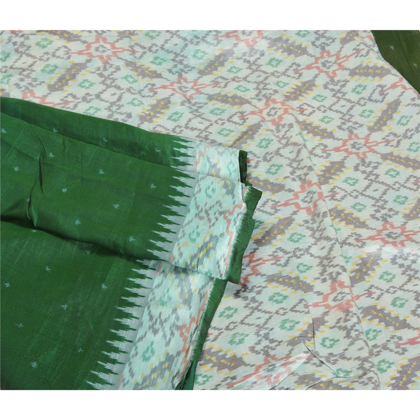 Sanskriti Vintage Green Ikat Pure Silk Sari - Handwoven Indian Craft Fabric 5yd by upholstery fabric
