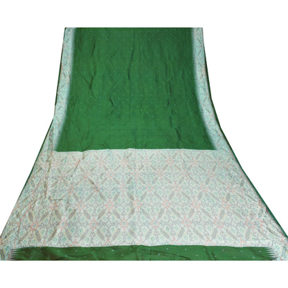 Sanskriti Vintage Green Ikat Pure Silk Sari - Handwoven Indian Craft Fabric 5yd by upholstery fabric