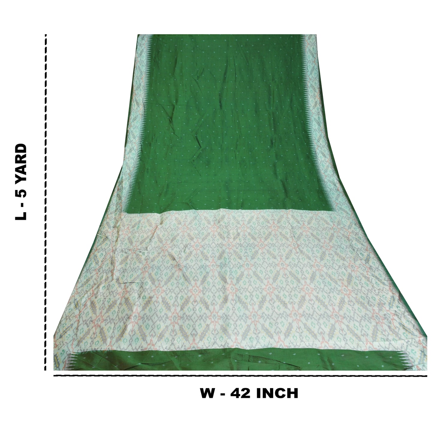 Sanskriti Vintage Green Ikat Pure Silk Sari - Handwoven Indian Craft Fabric 5yd by upholstery fabric
