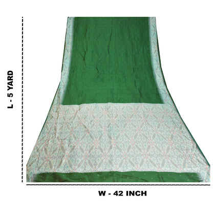 Sanskriti Vintage Green Ikat Pure Silk Sari - Handwoven Indian Craft Fabric 5yd by upholstery fabric
