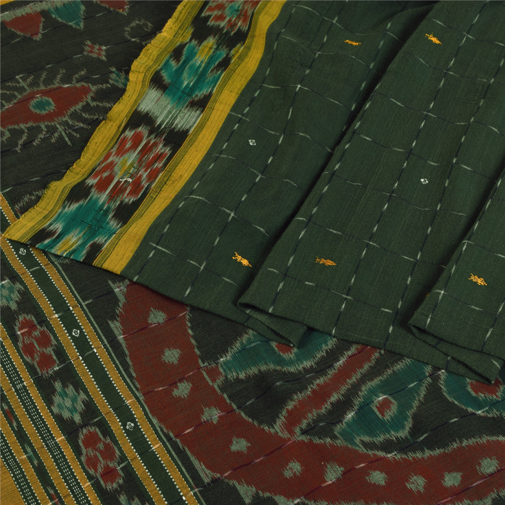 Sanskriti Vintage Odisha Pure Cotton Sarees Green Woven Hand Ikat Sari Fabric