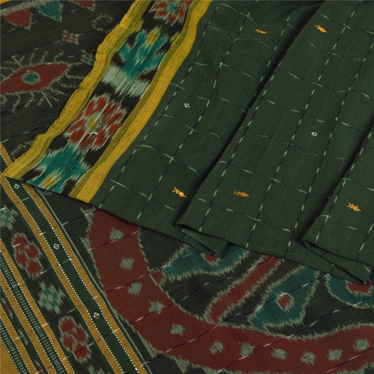 Sanskriti Vintage Odisha Pure Cotton Sarees Green Woven Hand Ikat Sari Fabric