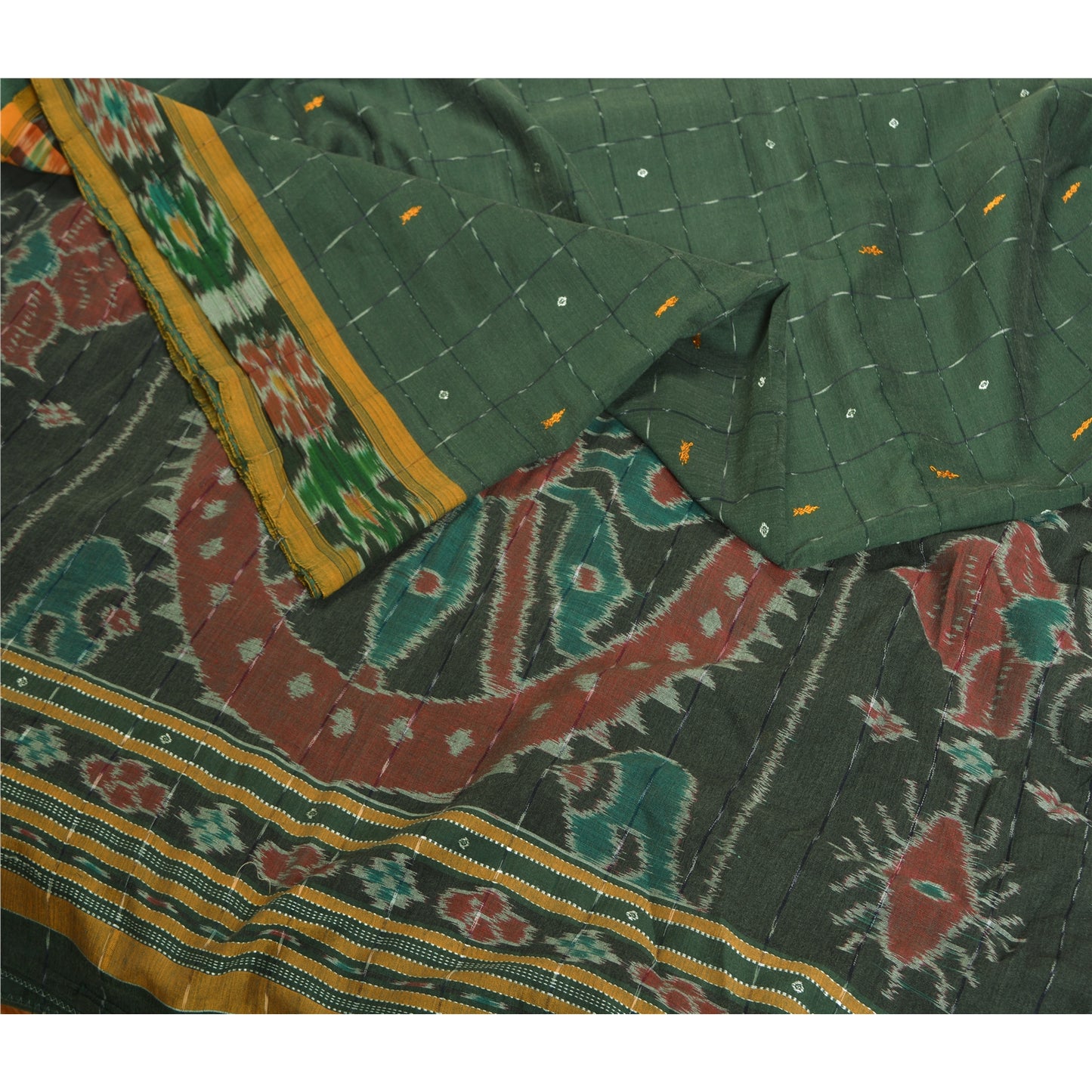 Sanskriti Vintage Odisha Pure Cotton Sarees Green Woven Hand Ikat Sari Fabric