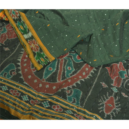 Sanskriti Vintage Odisha Pure Cotton Sarees Green Woven Hand Ikat Sari Fabric