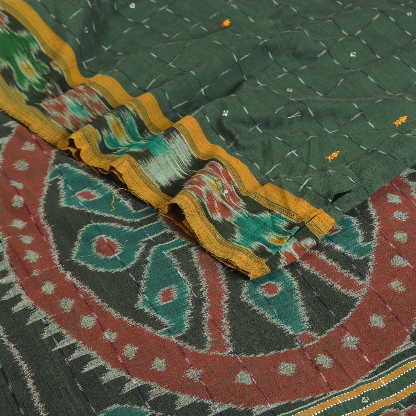 Sanskriti Vintage Odisha Pure Cotton Sarees Green Woven Hand Ikat Sari Fabric