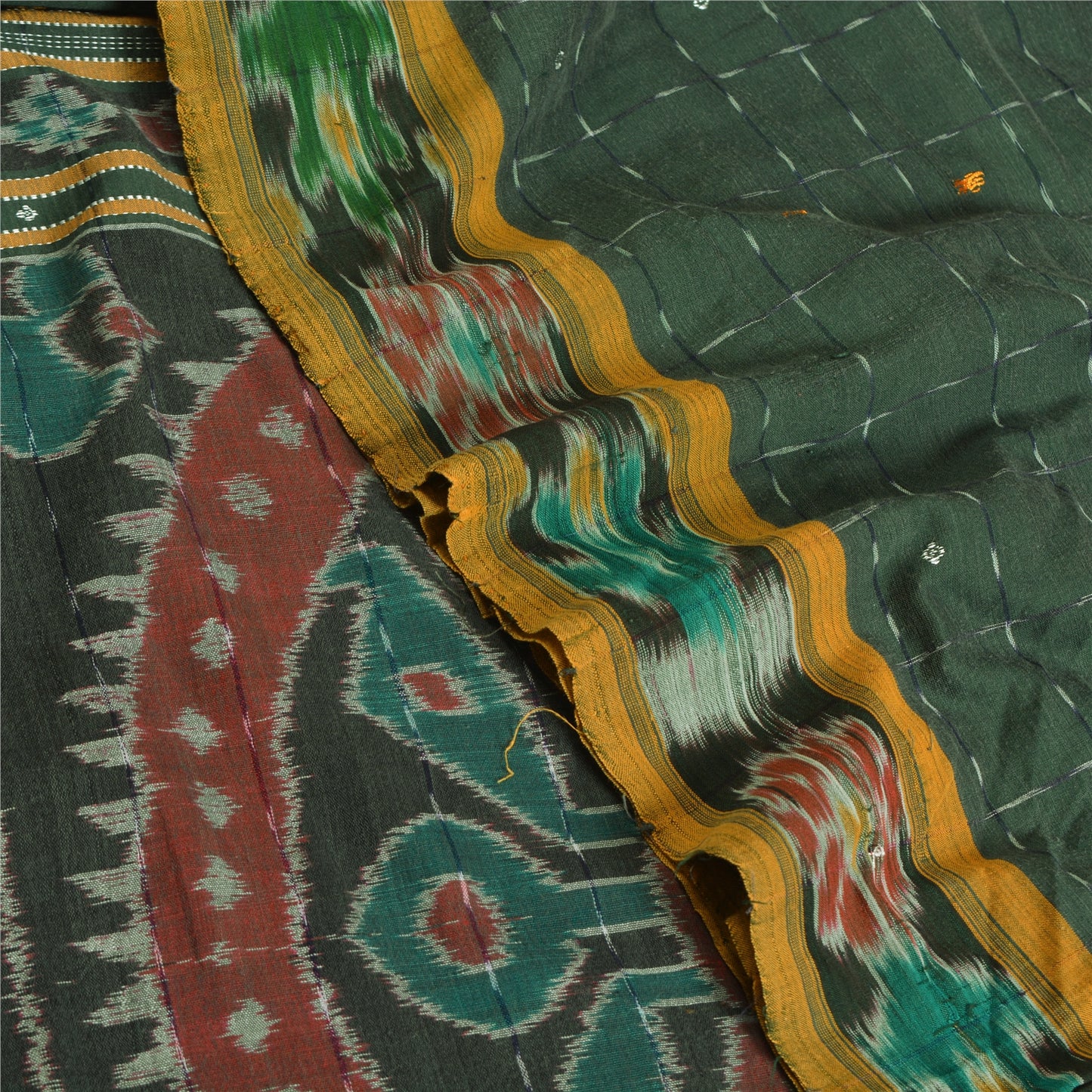 Sanskriti Vintage Odisha Pure Cotton Sarees Green Woven Hand Ikat Sari Fabric