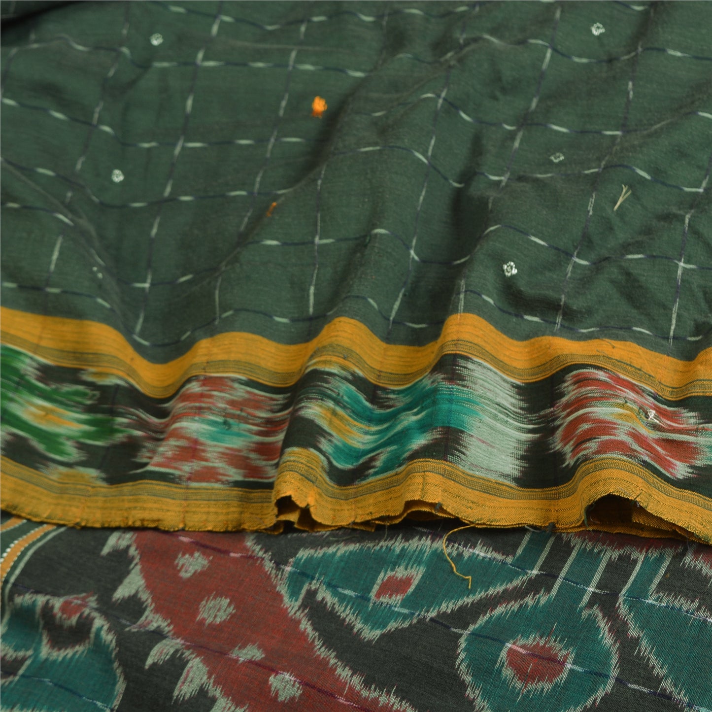Sanskriti Vintage Odisha Pure Cotton Sarees Green Woven Hand Ikat Sari Fabric
