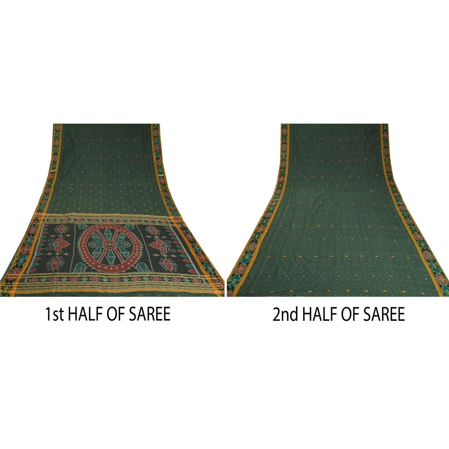 Sanskriti Vintage Odisha Pure Cotton Sarees Green Woven Hand Ikat Sari Fabric