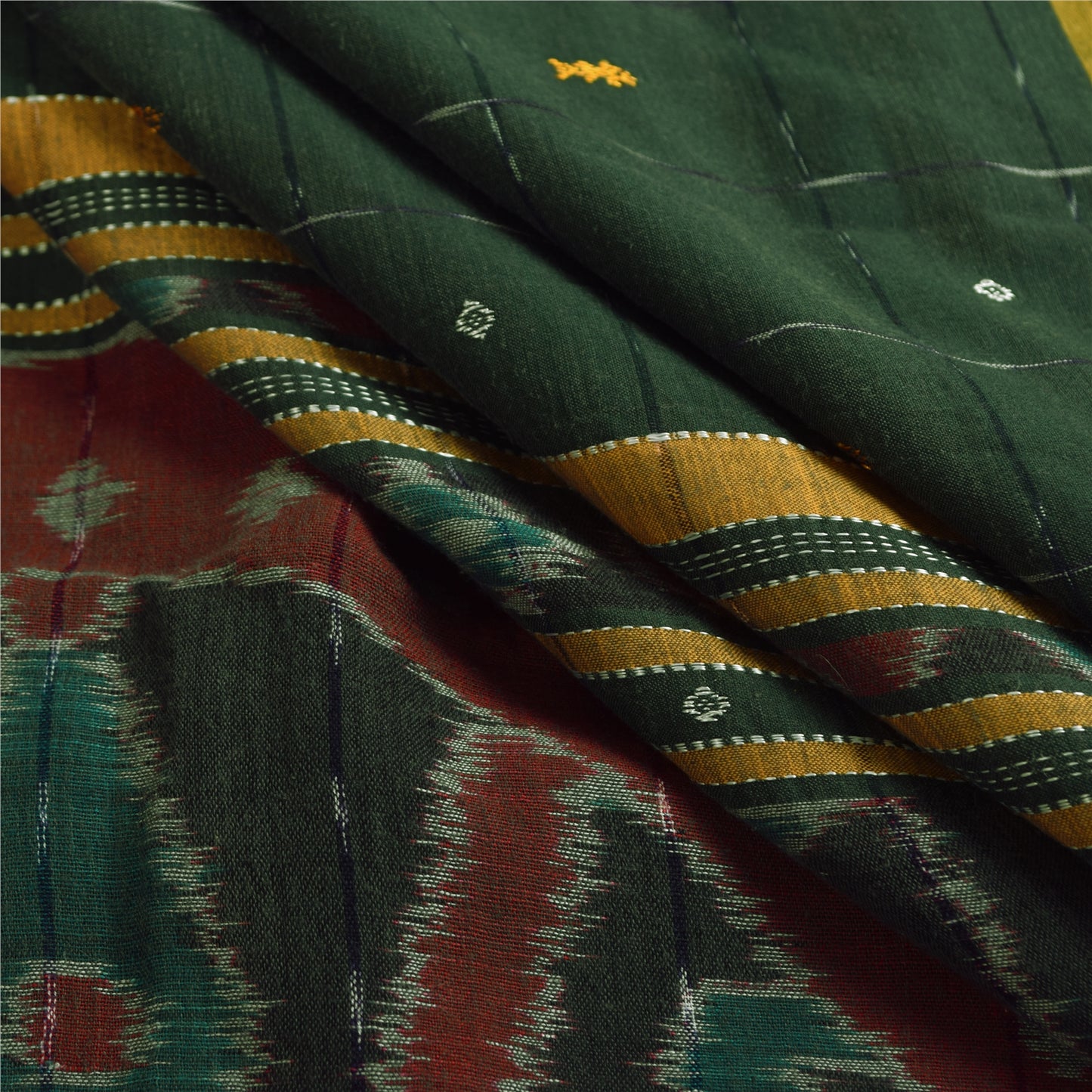 Sanskriti Vintage Odisha Pure Cotton Sarees Green Woven Hand Ikat Sari Fabric